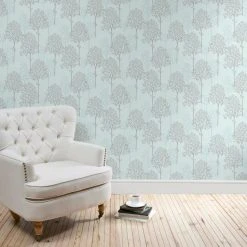 Dunelm Spriggy Trees Duck Egg Wallpaper