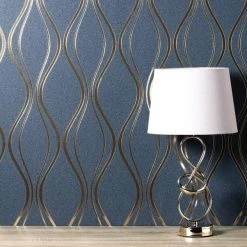 Platinum Rosco Foil Wave Navy Wallpaper -Furn Shop 30756992 alt01