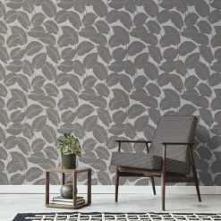 Fine Décor Wallpaper Larson Leaf Charcoal Wallpaper